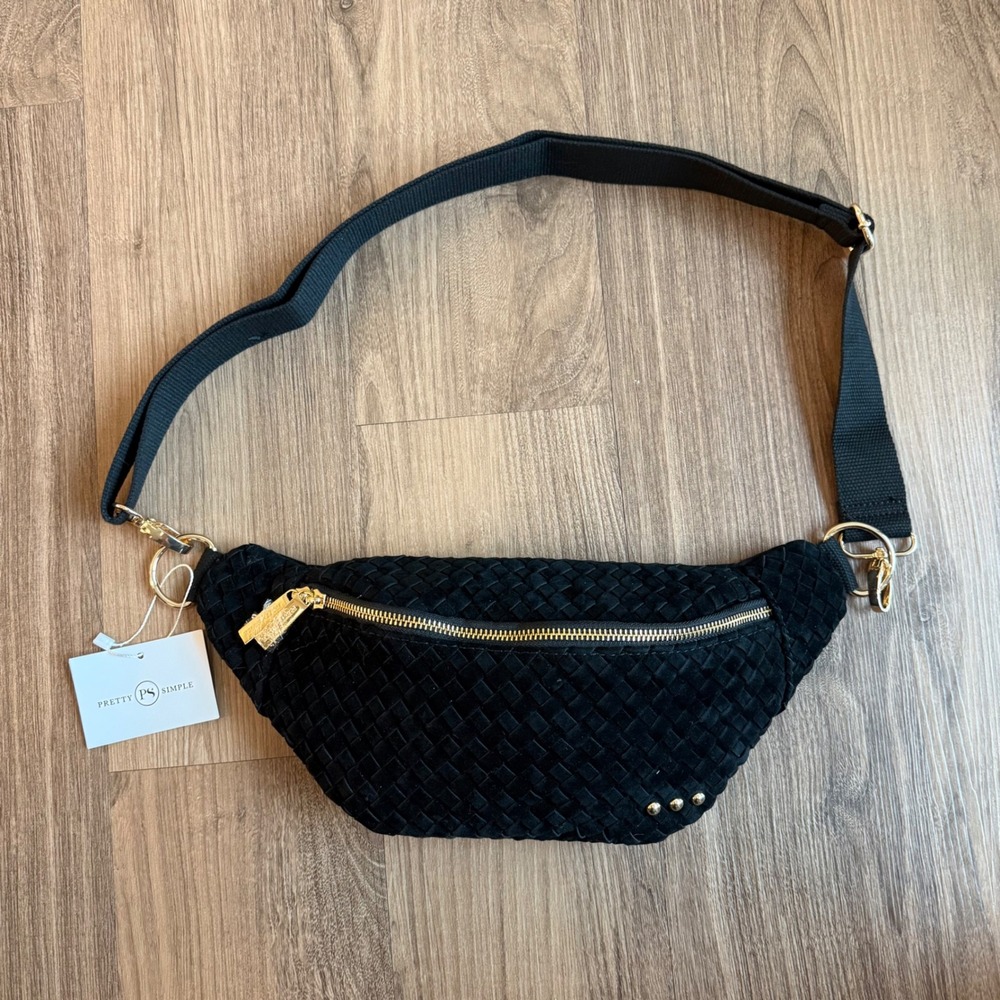 Pretty Simple 3 Sisters Woven Crossbody Bag Black Gold Studded Fanny Pack NEW